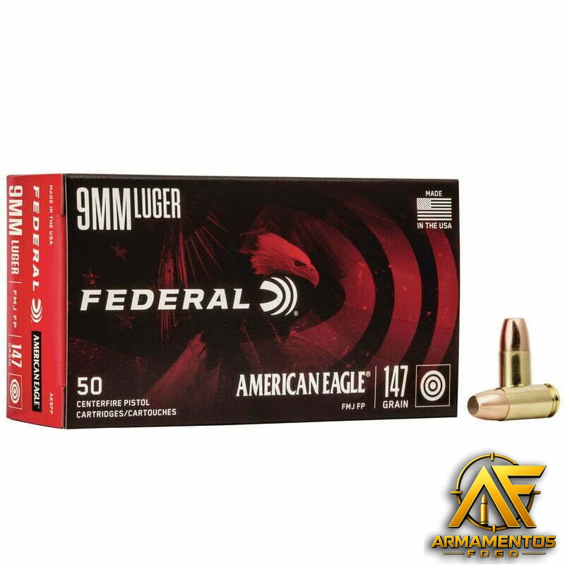 Munição FEDERAL AMERICAN EAGLE 9MM LUGER 147GR FMJ FP – Cx 50 Munição FEDERAL AMERICAN EAGLE 9MM LUGER 147GR FMJ FP – Cx 50 - Imagem 1